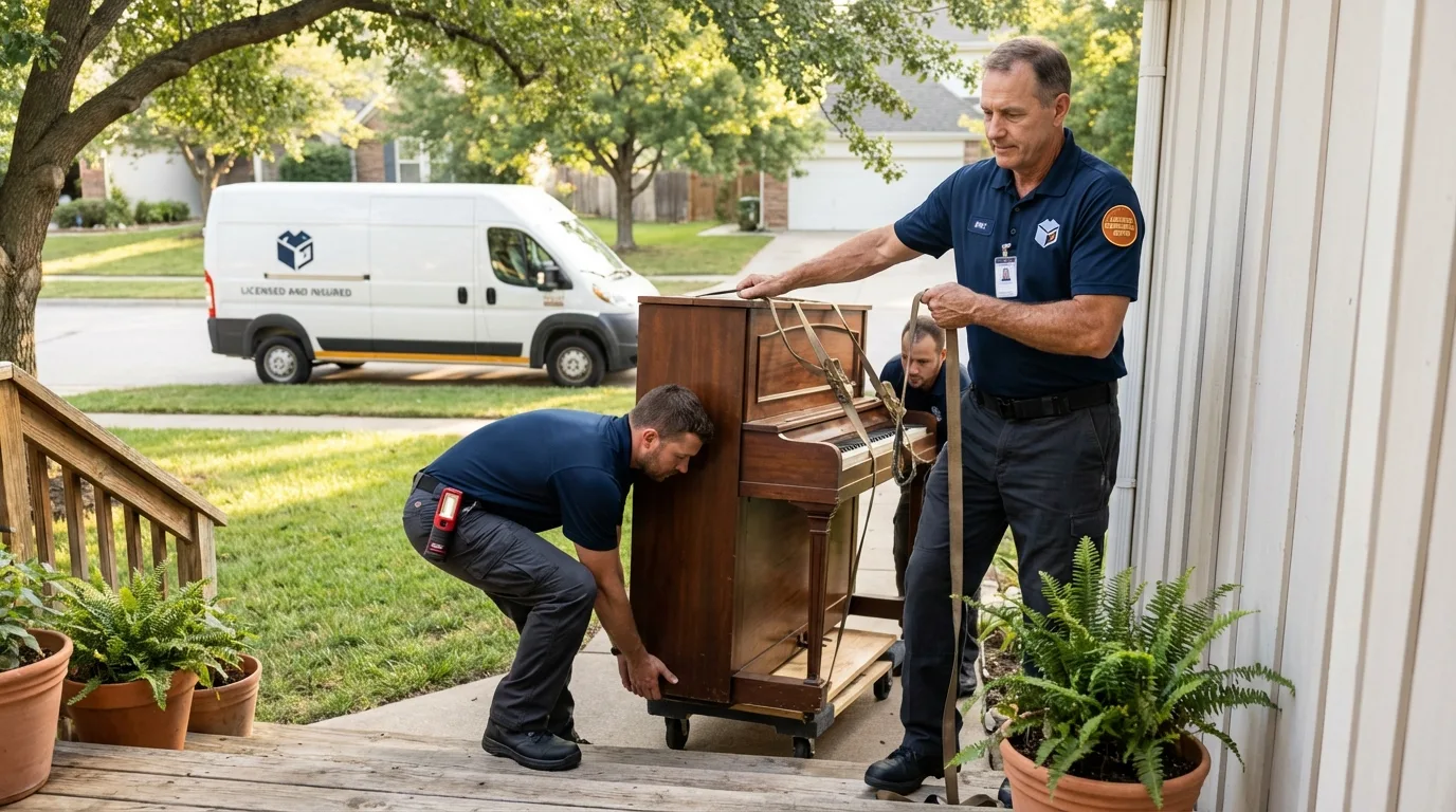 Licensed piano movers securing grand piano in Bethany Beach, DE