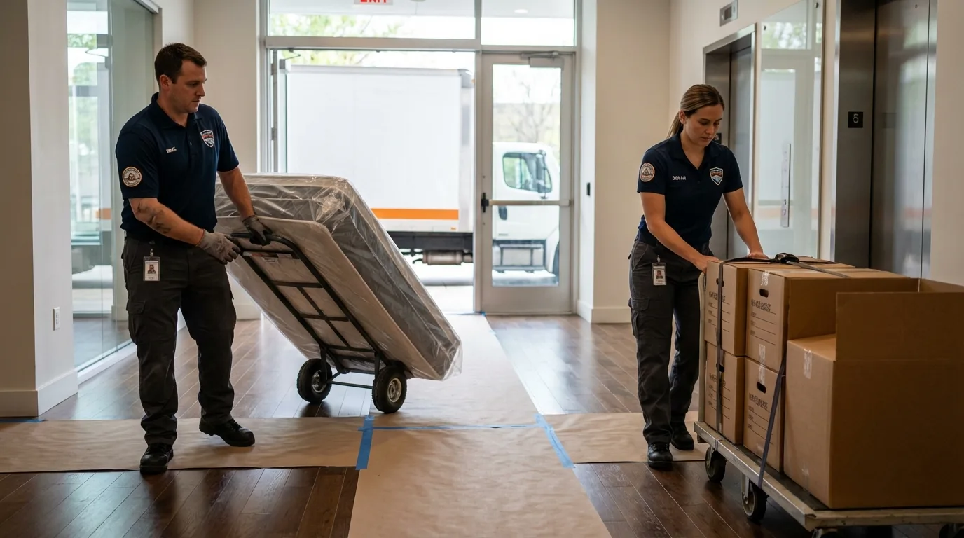 Professional apartment movers loading elevator in Bethany Beach, DE