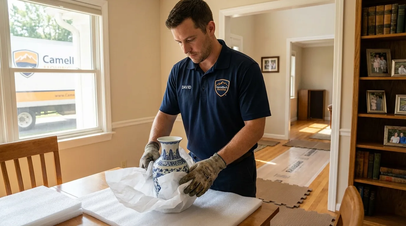 Professional crew carefully wrapping antique vase for senior downsizing move in Bethany Beach, DE